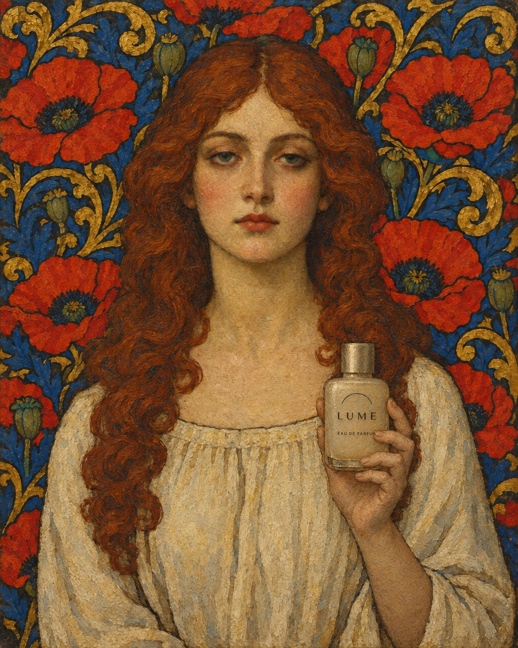 The first image is the base artwork. The second image is the LUME fragrance bottle.

Edit the painting so the woman is now holding the LUME bottle upright in her raised left hand, fingers closing naturally around it. Change nothing else: her face, hair, expression, smock, the poppy-and-scrollwork background, the palette and the composition must all stay exactly as they are.

Critically, the bottle must be repainted in the painting's own language — the same flat jewel-toned oil handling, the same heavy dark contour, the same visible brushwork and canvas weave and aged varnish — while keeping its exact identity: the squat rounded-rectangle frosted flacon, the brushed champagne cap, the engraved semicircular arc, and the wordmark "LUME" with "EAU DE PARFUM" beneath it, still readable. It must look painted into the original picture a century ago, not photographed and pasted on. Match the painting's light direction and add the correct soft shadow where her fingers wrap the glass.

Render this exact on-image copy verbatim, with no spelling, wording, punctuation, or capitalization changes:
- LUME
- EAU DE PARFUM