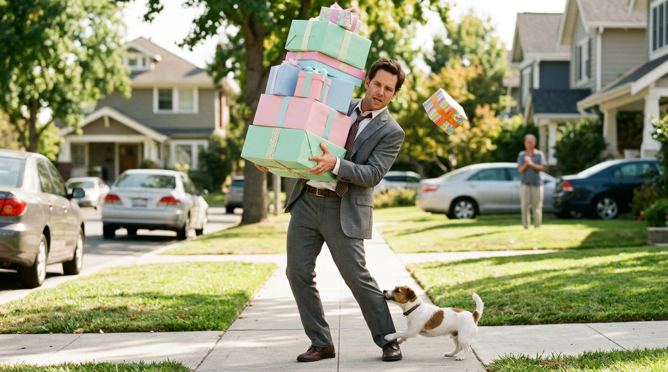 Cinematic film still, 16:9, light comedy. A flustered man in a suit carrying a towering stack of colorful gift boxes down a sunny suburban street, one box caught mid-fall, a small dog tugging his trouser leg, bright open framing, cheerful pastel colors. No text, no logo, no watermark.