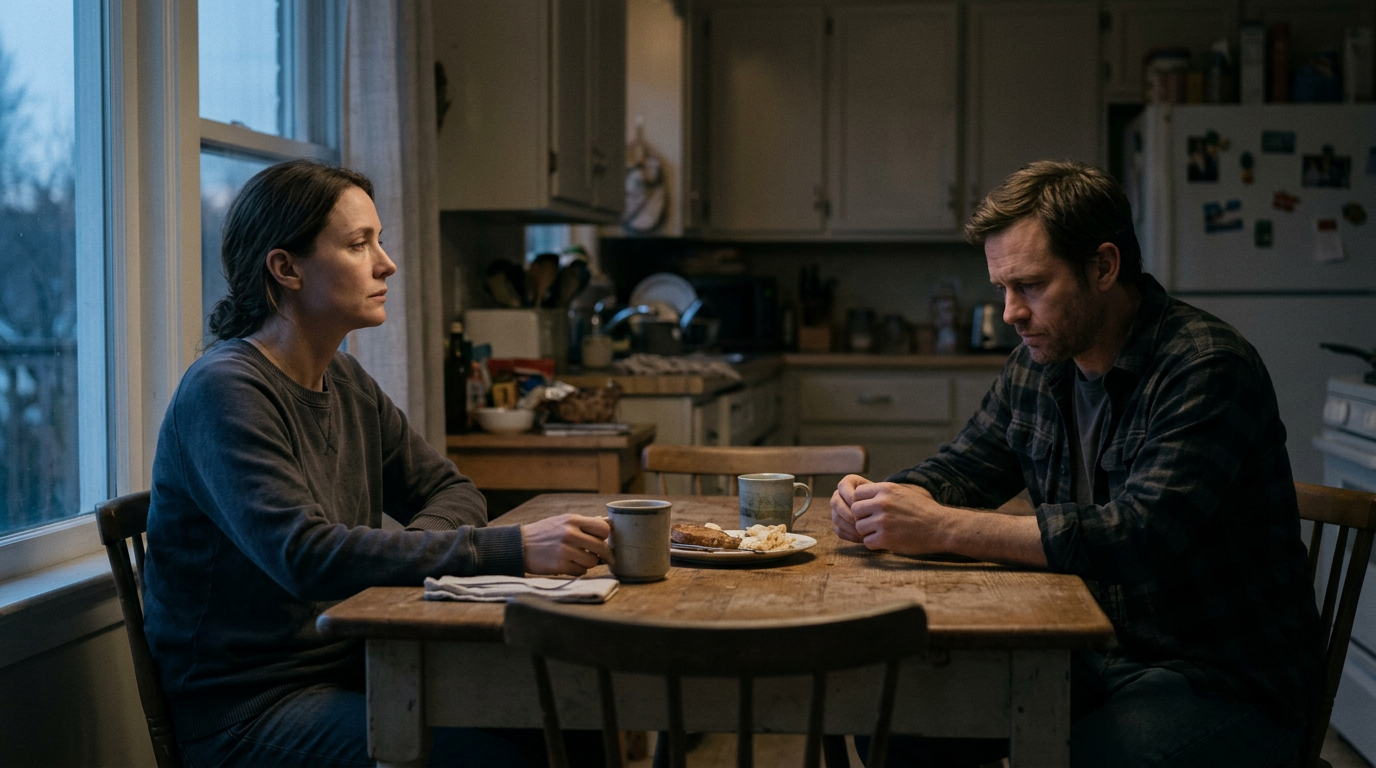 Cinematic film still, 16:9. Intimate character drama: two people at a kitchen table at dusk, one looking away, quiet tension, restrained framing, soft natural window light, muted palette, shallow depth of field. No text, no logo, no watermark.