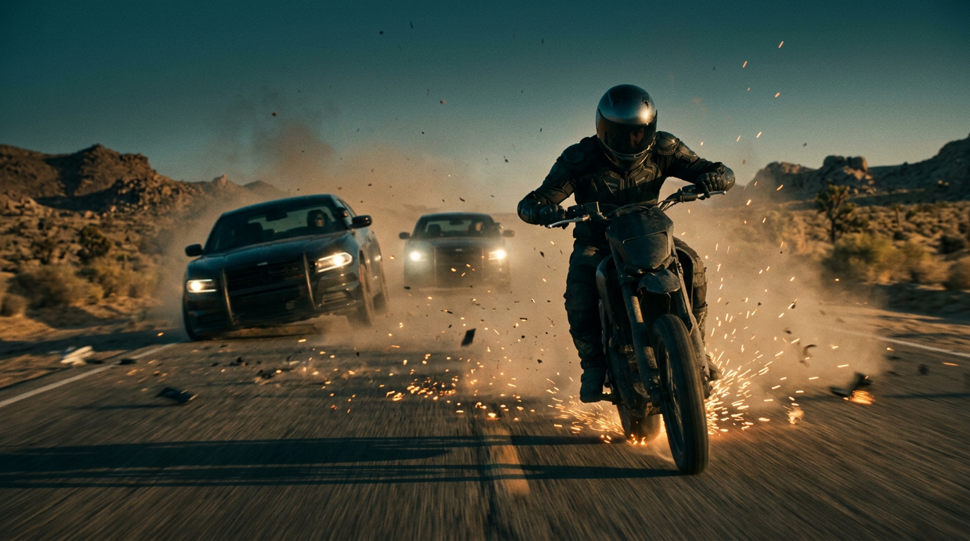 Cinematic film still, 16:9, action film. A motorcyclist in a dark helmet bursting through a cloud of dust and sparks on a desert highway, two pursuing unmarked cars behind, low angle, motion blur, kinetic energy, teal and orange grade. No text, no logo, no watermark.