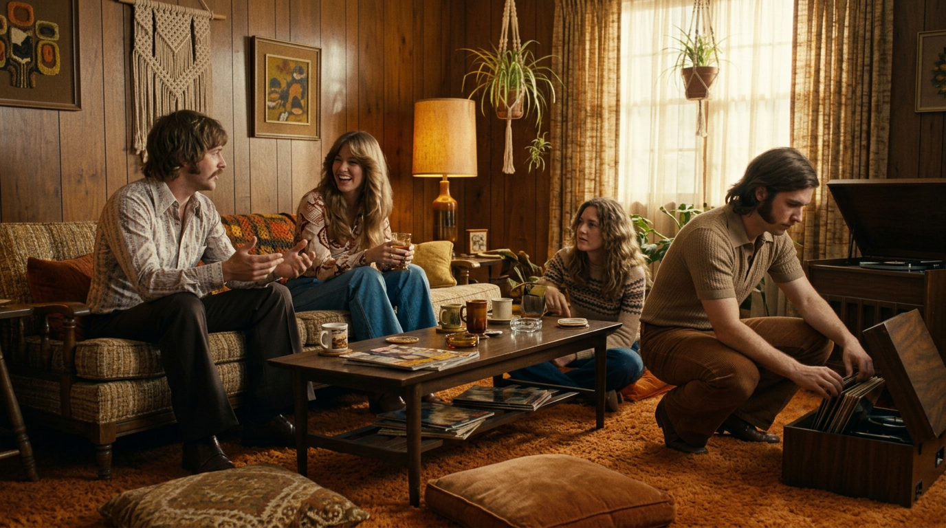 Cinematic film still, 16:9, set in the 1970s. Friends in flared trousers and wide collars in a wood-paneled living room with an orange shag carpet and a record player, warm faded film stock, visible grain, brown and mustard tones. No text, no logo, no watermark.