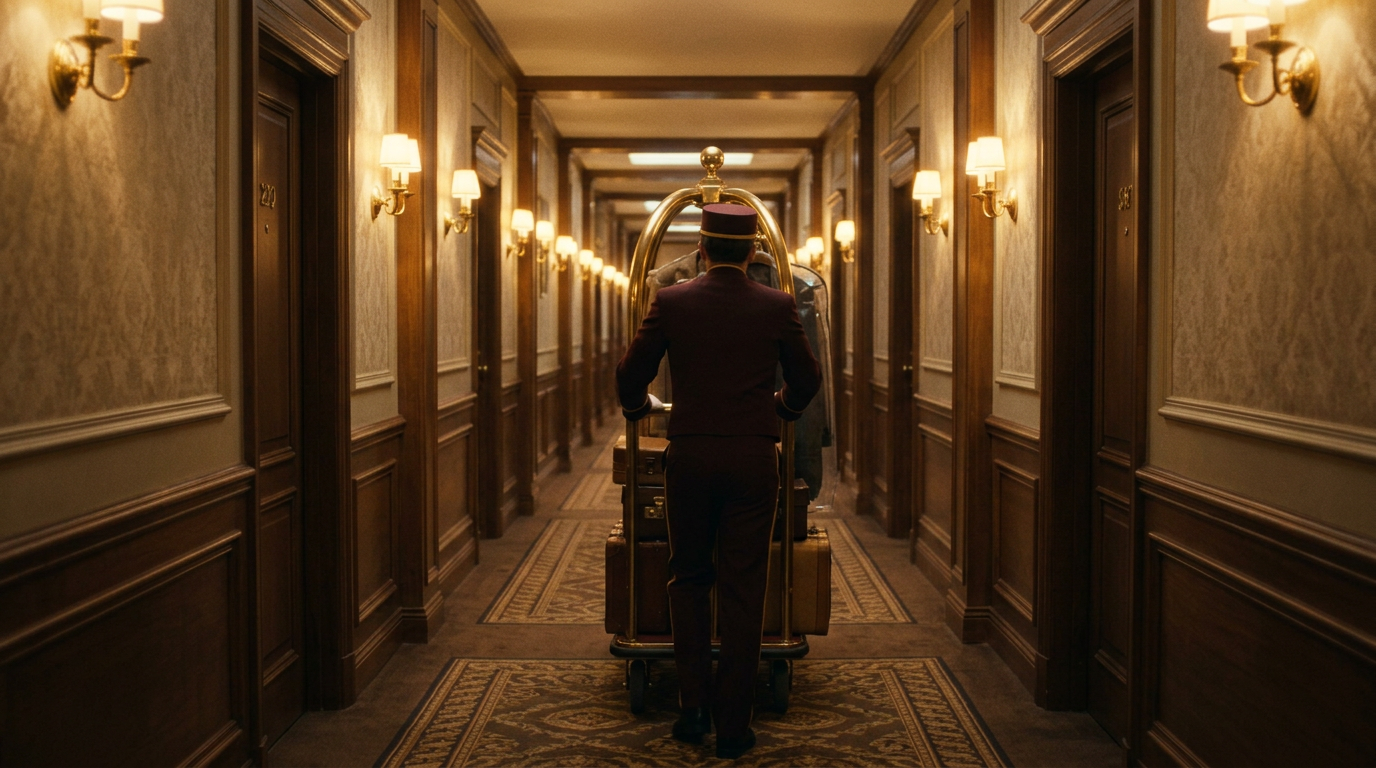 Cinematic film still, 16:9. Following a hotel bellhop from behind as he pushes a brass luggage cart down a long carpeted corridor, one-point perspective, smooth steadicam feel, warm wall sconces, the sense of one continuous unbroken take. No text, no logo, no watermark.
