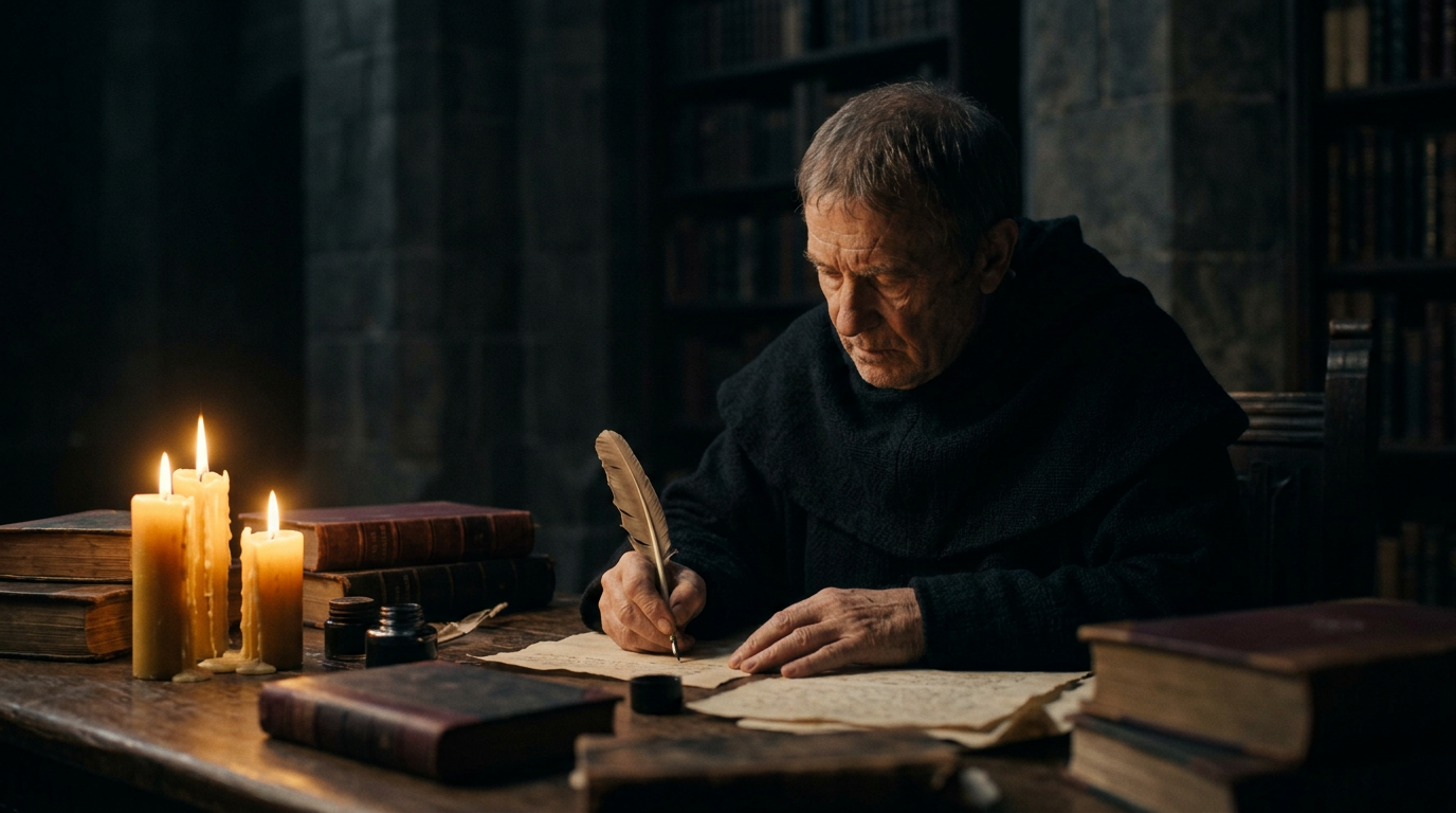 Cinematic film still, a single 16:9 widescreen frame from a feature film, photographed by a master cinematographer. Close medium shot on a 50mm lens at f/1.4: a scribe in a dark robe writes with a quill at a desk in a stone library, lit only by three candles, stacked leather books with maroon spines, deep falloff into black. Color grade: a strict, limited palette of candle amber, raven black, bone, maroon. Wardrobe, set, light and shadow all stay inside this palette. Real camera optics, natural film grain, believable light with a clear key direction, deliberate composition with depth (foreground, subject, background), authentic skin and material texture, nothing glossy or CGI. No text, no captions, no subtitles, no logos, no watermark, no borders, no letterbox bars.