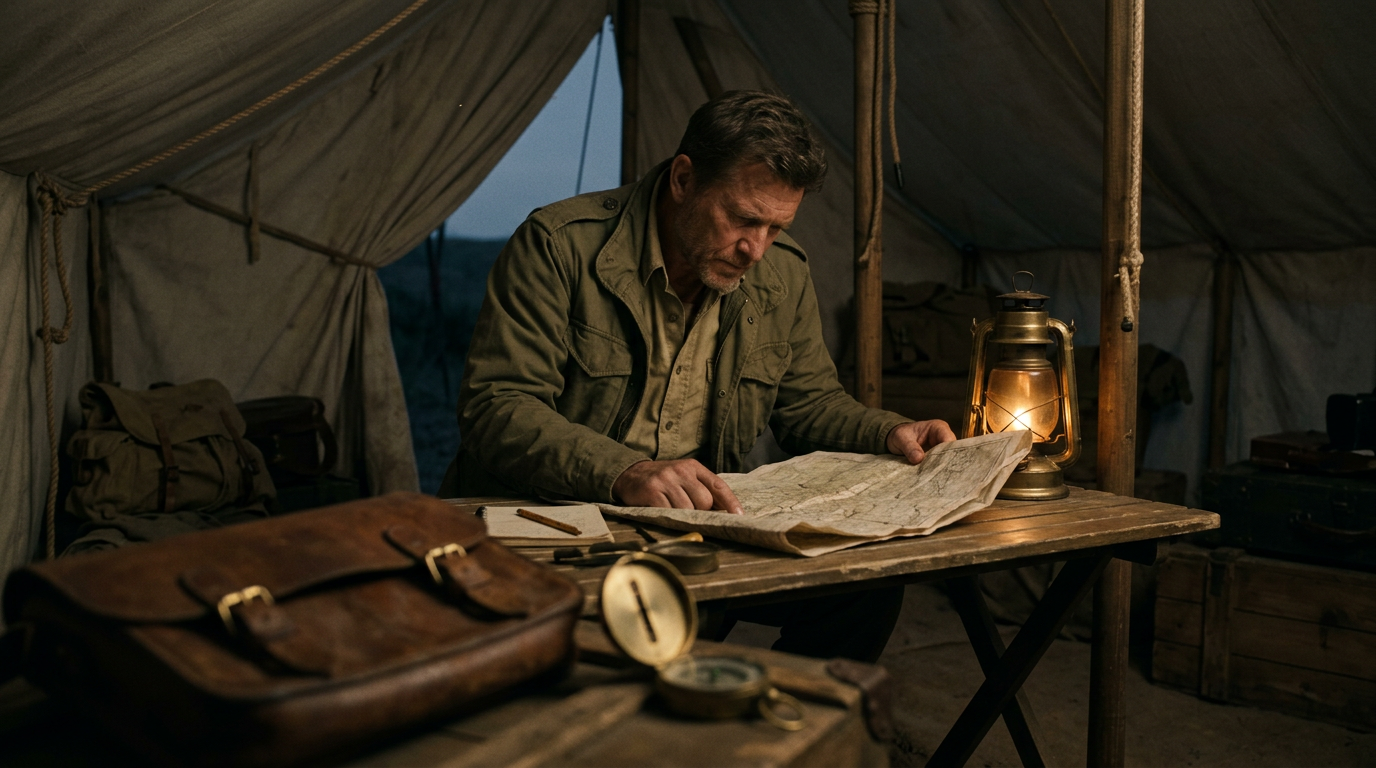 Cinematic film still, a single 16:9 widescreen frame from a feature film, photographed by a master cinematographer. Medium shot on a 35mm lens: an explorer studies a paper map on a folding table inside a canvas tent, a brass lantern glowing, leather satchels and a compass in the foreground, dusk light through the tent flap. Color grade: a strict, limited palette of olive, khaki, brass, leather brown. Wardrobe, set, light and shadow all stay inside this palette. Real camera optics, natural film grain, believable light with a clear key direction, deliberate composition with depth (foreground, subject, background), authentic skin and material texture, nothing glossy or CGI. No text, no captions, no subtitles, no logos, no watermark, no borders, no letterbox bars.