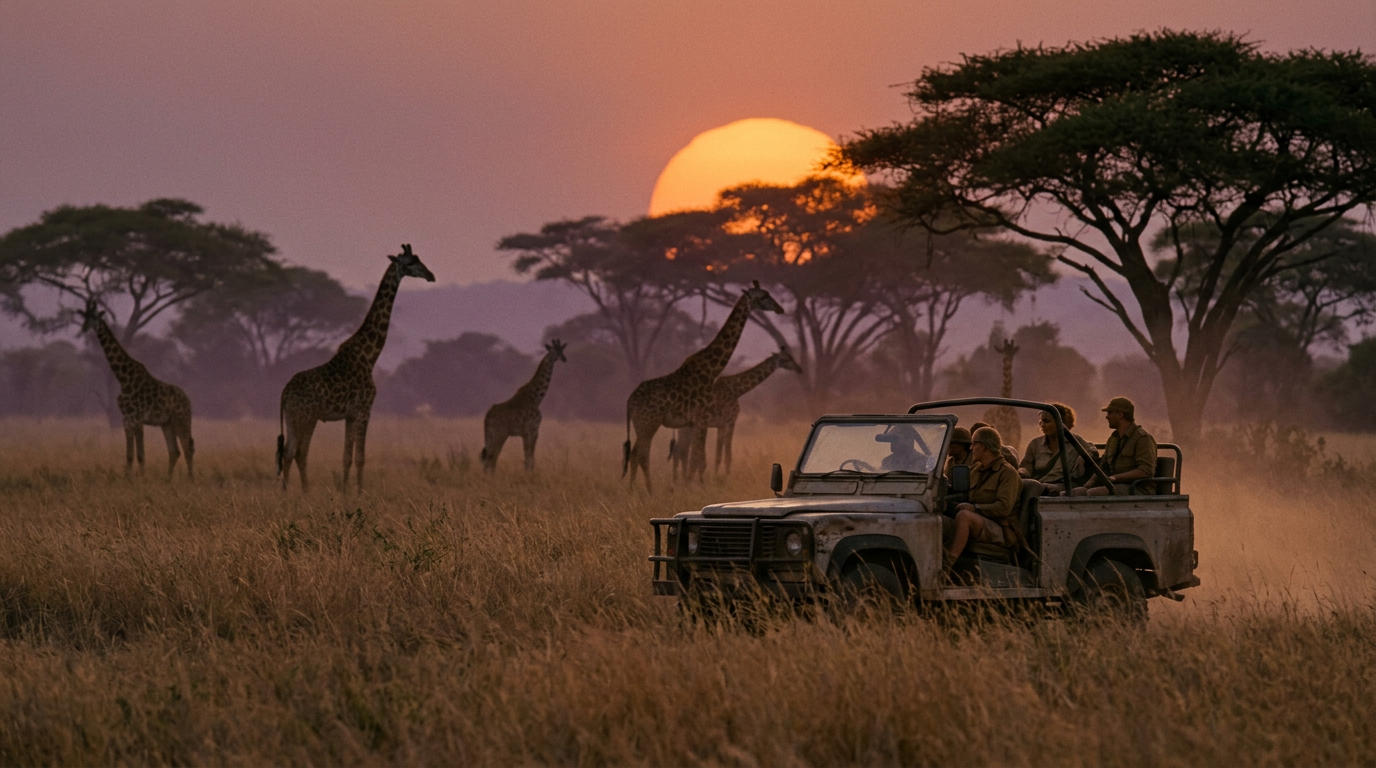 Cinematic film still, a single 16:9 widescreen frame from a feature film, photographed by a master cinematographer. Wide shot on a 135mm telephoto lens with compressed perspective: an old open jeep drives through tall ochre grass at sunset, giraffes and flat-topped acacia trees stacked against a huge orange sun, purple dust haze. Color grade: a strict, limited palette of ochre, acacia green, dusk purple, sun orange. Wardrobe, set, light and shadow all stay inside this palette. Real camera optics, natural film grain, believable light with a clear key direction, deliberate composition with depth (foreground, subject, background), authentic skin and material texture, nothing glossy or CGI. No text, no captions, no subtitles, no logos, no watermark, no borders, no letterbox bars.