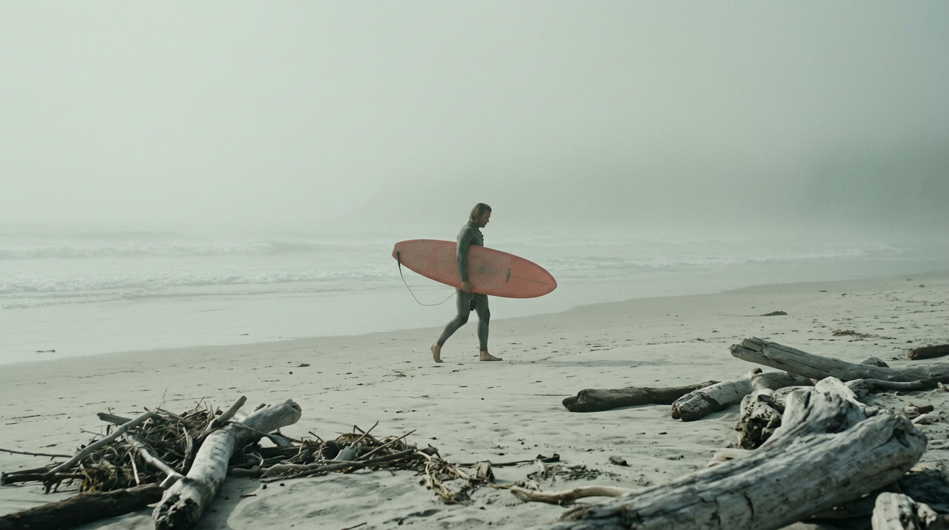 Cinematic film still, a single 16:9 widescreen frame from a feature film, photographed by a master cinematographer. Wide shot on a 50mm lens: a surfer carries a faded coral board along an empty beach in thick morning fog, soft waves, driftwood in the foreground, low contrast and gentle pastel tones. Color grade: a strict, limited palette of seafoam, driftwood grey, pale sand, faded coral. Wardrobe, set, light and shadow all stay inside this palette. Real camera optics, natural film grain, believable light with a clear key direction, deliberate composition with depth (foreground, subject, background), authentic skin and material texture, nothing glossy or CGI. No text, no captions, no subtitles, no logos, no watermark, no borders, no letterbox bars.