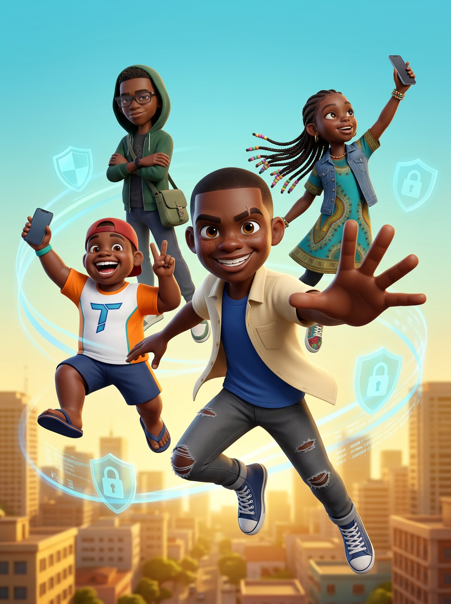 Image 1 = Boy A. Image 2 = Boy D. Image 3 = Girl B. Image 4 = Boy C. Reproduce each child EXACTLY as in their own reference — same face, same DEEP WARM DARK BROWN skin tone, same dark brown eyes, same hair, same complete outfit. Nobody's skin is lighter than anyone else's.

RENDER STYLE: high-quality 3D ANIMATED FEATURE FILM — soft subsurface-scattering skin, detailed volumetric fabric with visible weave and soft folds, rounded three-dimensional forms, cinematic lighting. NOT 2D comic art, no inked outlines, no cel shading.

POSTER, portrait. A dynamic airborne hero group, all four leaping and floating together, seen from a slightly LOW ANGLE.

- BOY A (Image 1) — cream open shirt over royal blue tee, charcoal ripped-knee jeans, navy canvas high-tops, freckles, notch in his right eyebrow. He is at FRONT CENTRE, CLOSEST TO CAMERA, lunging toward the viewer mid-leap. His RIGHT ARM reaches forward out of frame toward the camera, hand OPEN with the palm facing us, dramatically foreshortened and LARGER THAN HIS HEAD. His LEFT ARM sweeps back behind him. Right knee bent up behind, left leg extended down, torso twisted, chin up, wide confident grin.

- BOY C (Image 4) — forest green hoodie with the hood UP, glasses, olive messenger bag. UPPER LEFT, behind and above. Arms crossed over his chest, one knee bent, floating at a slight tilt, looking calmly at the viewer.

- GIRL B (Image 3) — long beaded box braids, turquoise capulana dress, denim jacket. UPPER RIGHT, behind and above. One arm RAISED HIGH holding her phone, the other relaxed, braids streaming out behind her, head turned looking up and outward.

- BOY D (Image 2) — backwards red cap, white-panelled orange tee with the blue T monogram, navy shorts, navy flip-flops. MID-LEFT, in front of Boy C but behind Boy A. One arm RAISED holding his phone up, the other hand making a PEACE SIGN — index and middle fingers extended in a clear V, ring and little fingers folded down, thumb over them. Legs bent and tucked, laughing with his mouth open.

ALL HANDS ANATOMICALLY CORRECT: exactly five digits each, four fingers and one thumb, clean visible gaps, natural relative lengths, natural knuckles. Every arm clearly connects shoulder to elbow to wrist.

BACKGROUND: a warm golden Maputo cityscape low in the frame, soft and slightly out of focus — low sunlit buildings and rooftops. Above and around the children, sweeping ribbons of glowing CYAN AND PALE BLUE LIGHT curling in long arcs, softly glowing translucent cyan SHIELD and PADLOCK icons floating at varied sizes and depths, and faint drifting streams of digital light. A bright cyan-to-gold sky.

LEAVE THE TOP FIFTH as clean open sky — no heads, no hands, no detail — for a title logo.

NO text, NO title, NO lettering, NO logos. No watermark.